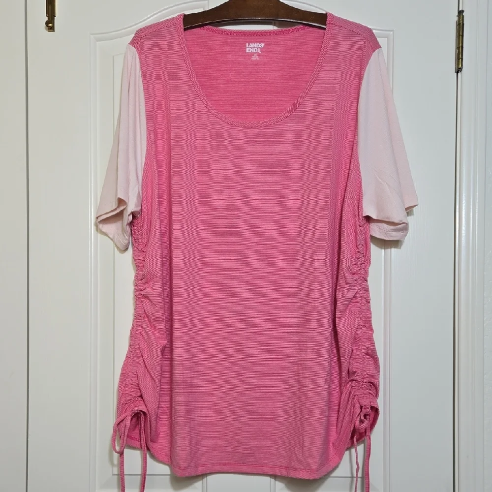 Lands' End Two-Tone Pink Scoop Neck Short Sleeve Tee with Side Ruching Sz 2X - Picture 1 of 8